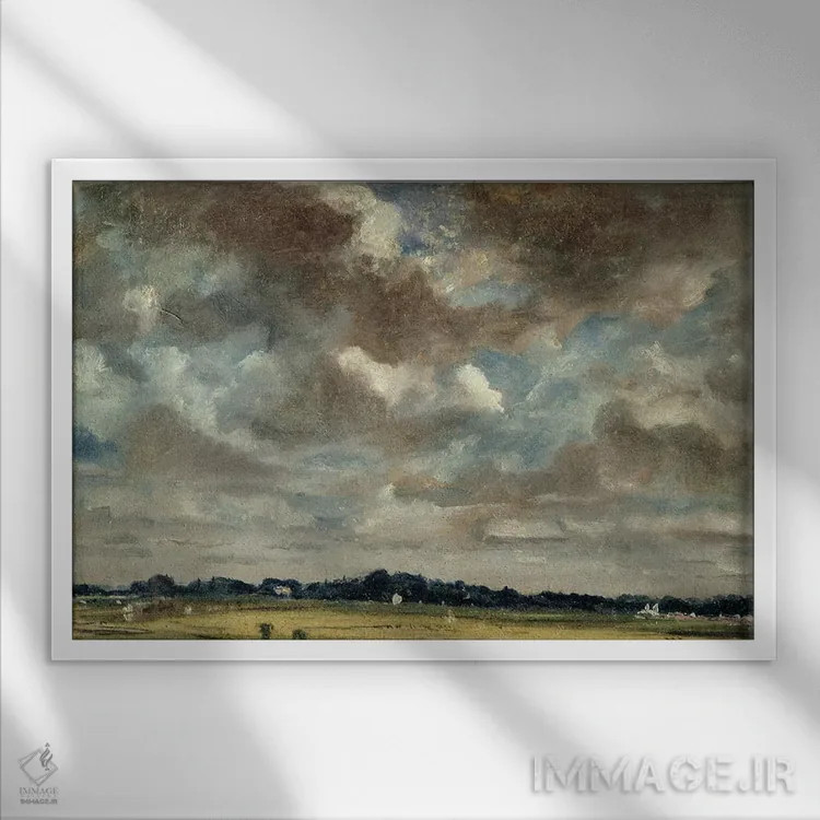 تابلو منظرهای وسیع با ابرهای خاکستری، حدود ۱۸۲۱ اثر جان کانستبل (نقاش انگلیسی) - نمای قابدار سفید