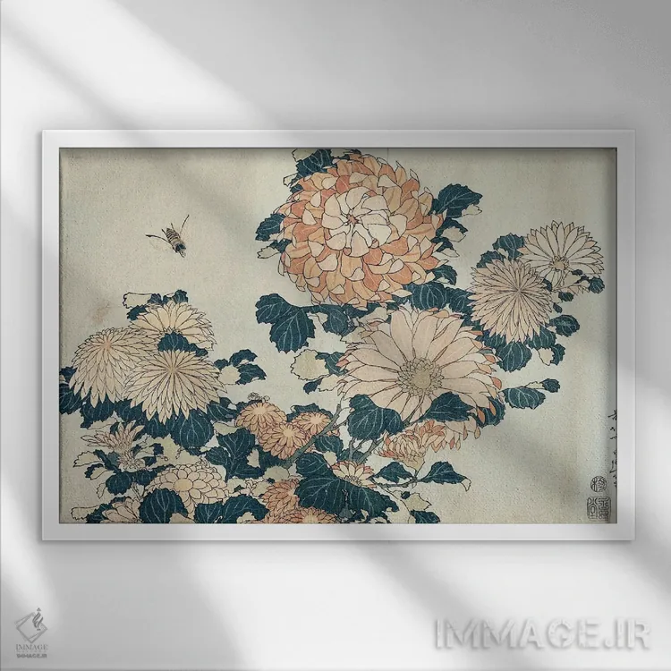 تابلو داوودیها (گل) اثر کاتسوشیکا هوکوسای (نقاش و هنرمند ژاپنی) - نمای قابدار سفید