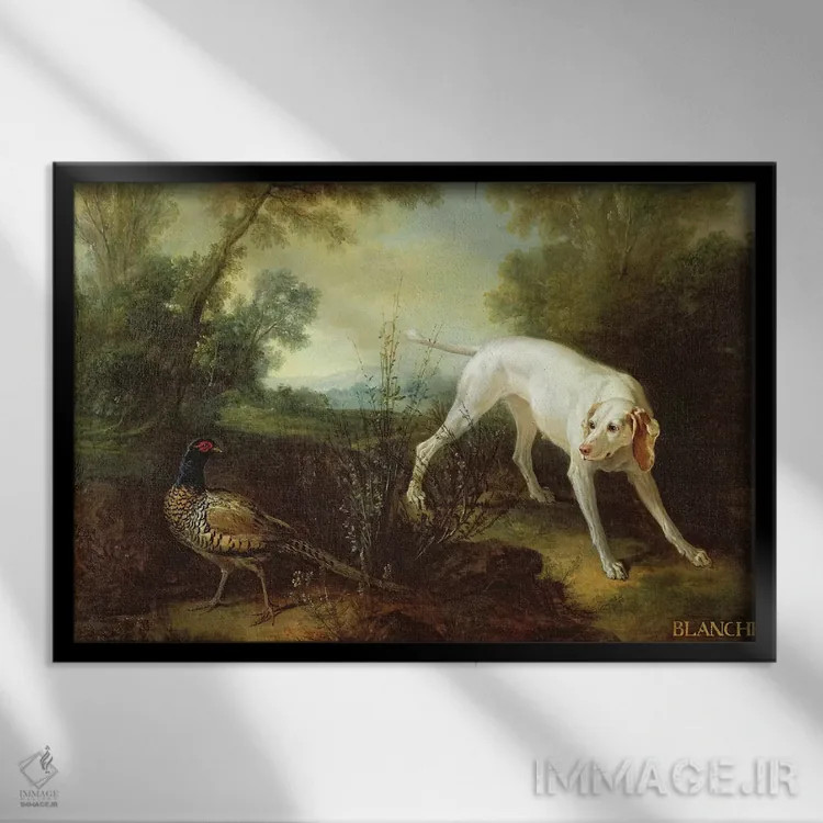 تابلو بلانش، مادهسگ دستیار شکار سلطنتی اثر ژان باتیست اودری - نمای قابدار مشکی