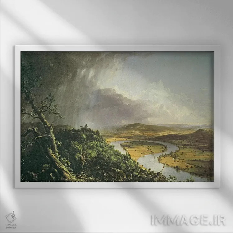 تابلو پیچ رودخانه (اوکسباو) اثر توماس کول (نقاش آمریکایی سبک منظره) - نمای قابدار سفید