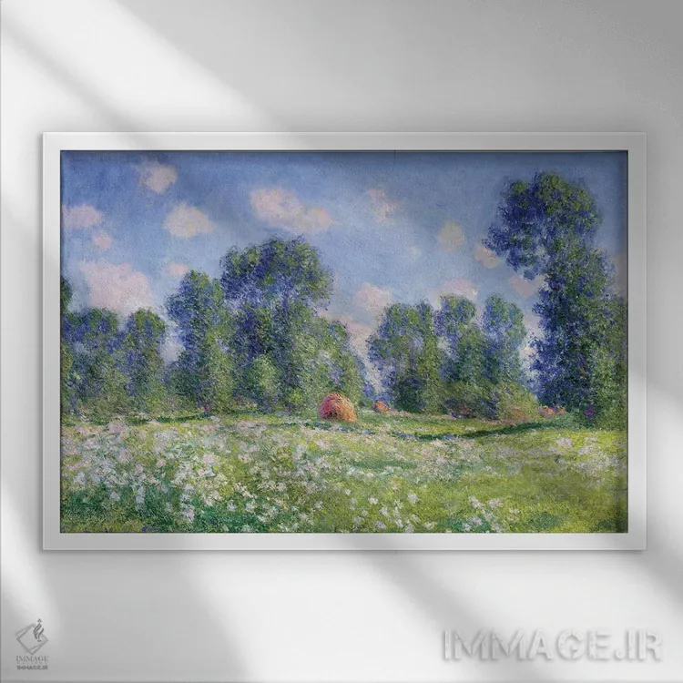 تابلو اثر بهار، ژیورنی، ۱۸۹۰ اثر کلود مونه (نقاش معروف فرانسوی) - نمای قابدار سفید