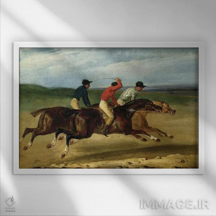 تابلو مسابقه اسبسواری اثر تئودور ژریکو (نقاش فرانسوی رومانتیک) - نمای قابدار سفید