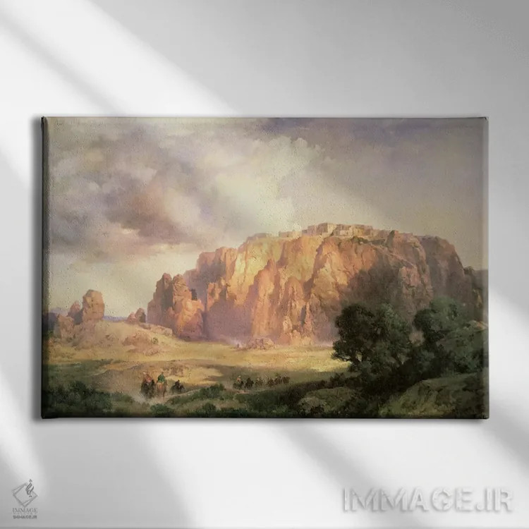 تابلو پوبلوی آکوما، نیومکزیکو (روستا) اثر توماس موران (نقاش منظره آمریکایی) - نمای روبهرو روی دیوار