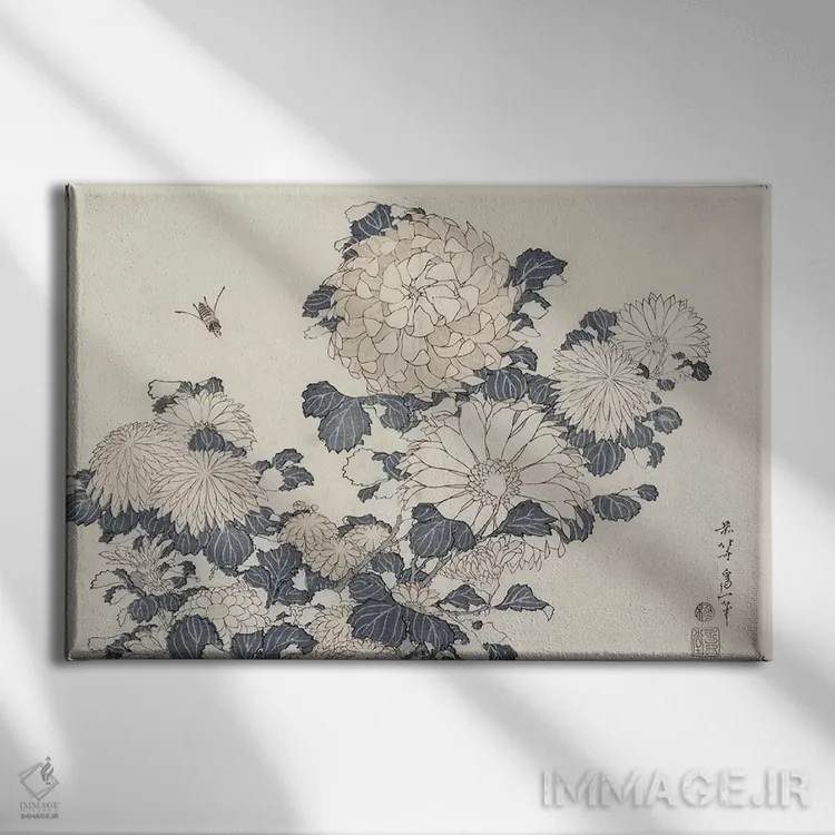 تابلو زنبور و گل داوودی اثر کاتسوشیکا هوکوسای (نقاش و هنرمند ژاپنی) - نمای روبهرو روی دیوار