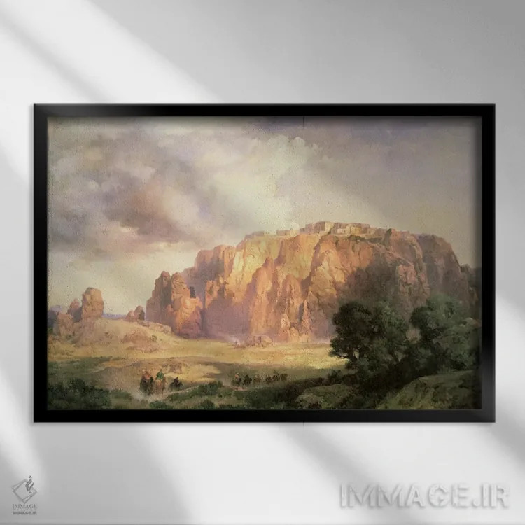 تابلو پوبلوی آکوما، نیومکزیکو (روستا) اثر توماس موران (نقاش منظره آمریکایی) - نمای قابدار مشکی