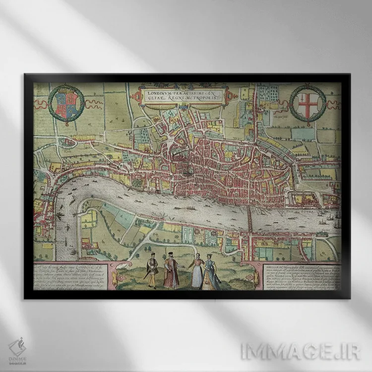 تابلو نقشه لندن، از کتاب "شهرهای جهان" اثر گئورگ براون اثر یوریس هوفناگل - نمای قابدار مشکی