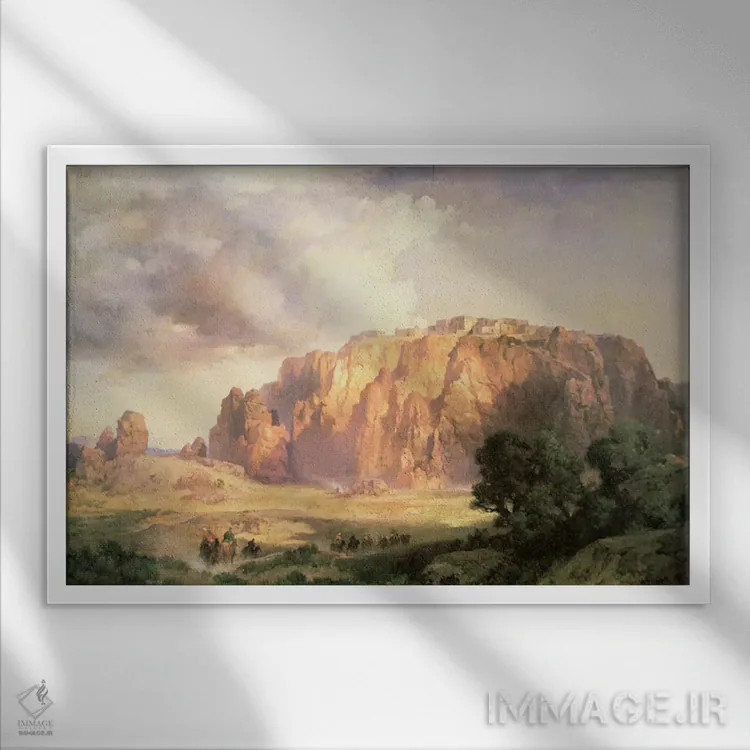 تابلو پوبلوی آکوما، نیومکزیکو (روستا) اثر توماس موران (نقاش منظره آمریکایی) - نمای قابدار سفید