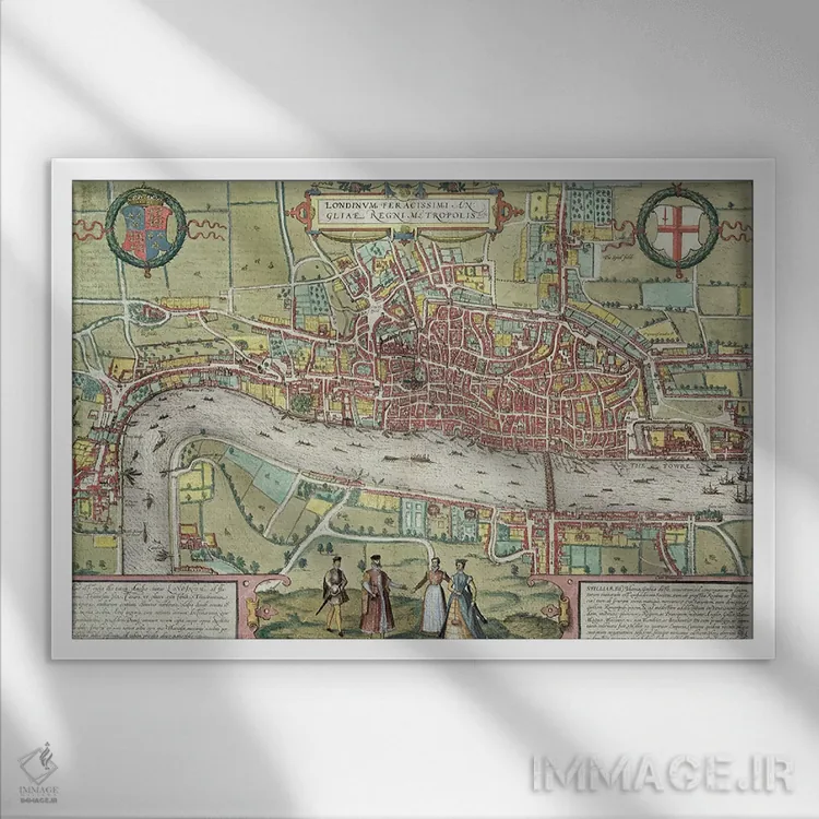 تابلو نقشه لندن، از کتاب "شهرهای جهان" اثر گئورگ براون اثر یوریس هوفناگل - نمای قابدار سفید