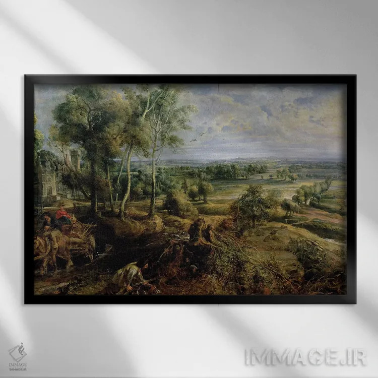 تابلو منظرهٔ پاییزی با چشمانداز هت استین در صبح زود، حدود ۱۶۳۶ اثر پیتر پل روبنس - نمای قابدار مشکی