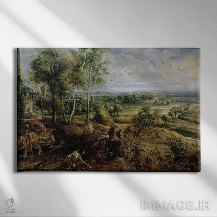 تابلو منظرهٔ پاییزی با چشمانداز هت استین در صبح زود، حدود ۱۶۳۶ اثر پیتر پل روبنس - نمای روبهرو روی دیوار