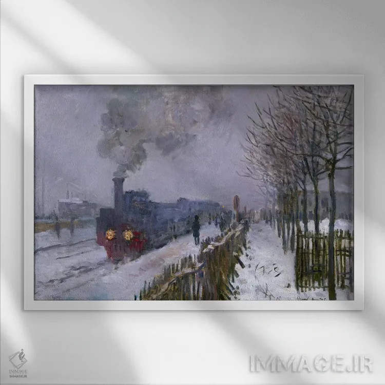 تابلو قطار در برف یا لوکوموتیو، ۱۸۷۵ اثر کلود مونه (نقاش معروف فرانسوی) - نمای قابدار سفید