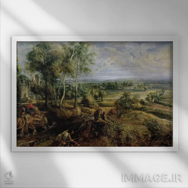 تابلو منظرهٔ پاییزی با چشمانداز هت استین در صبح زود، حدود ۱۶۳۶ اثر پیتر پل روبنس - نمای قابدار سفید