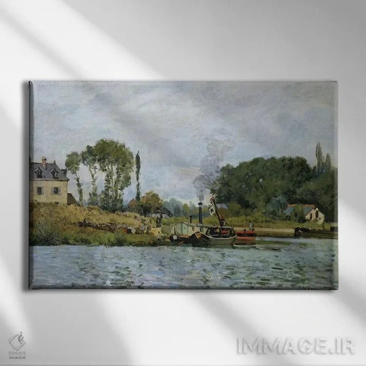 تابلو قایقها در بندرگاه بوژیووال، ۱۸۷۳ اثر آلفرد سیسلی (نقاش امپرسیونیست انگلیسی-فرانسوی) - نمای روبهرو روی دیوار