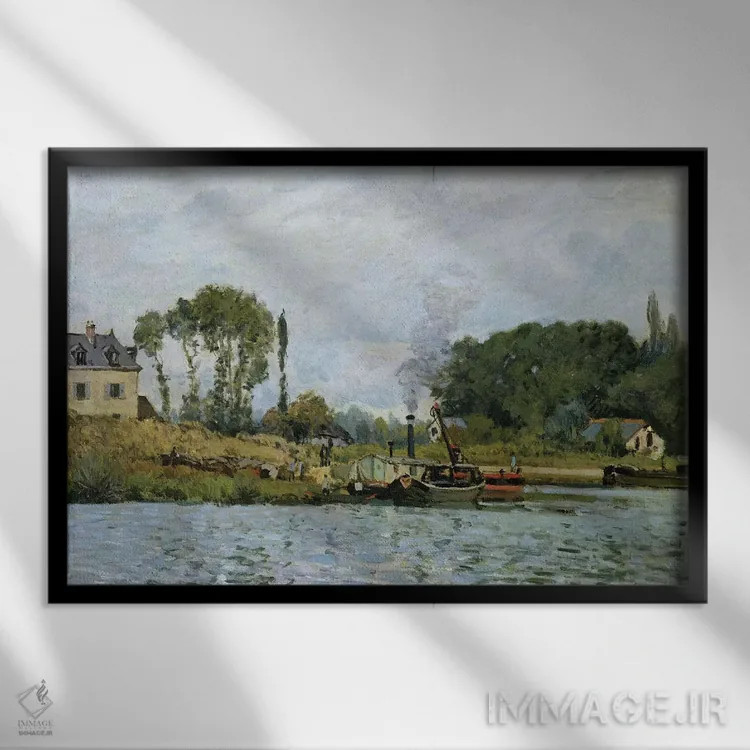 تابلو قایقها در بندرگاه بوژیووال، ۱۸۷۳ اثر آلفرد سیسلی (نقاش امپرسیونیست انگلیسی-فرانسوی) - نمای قابدار مشکی
