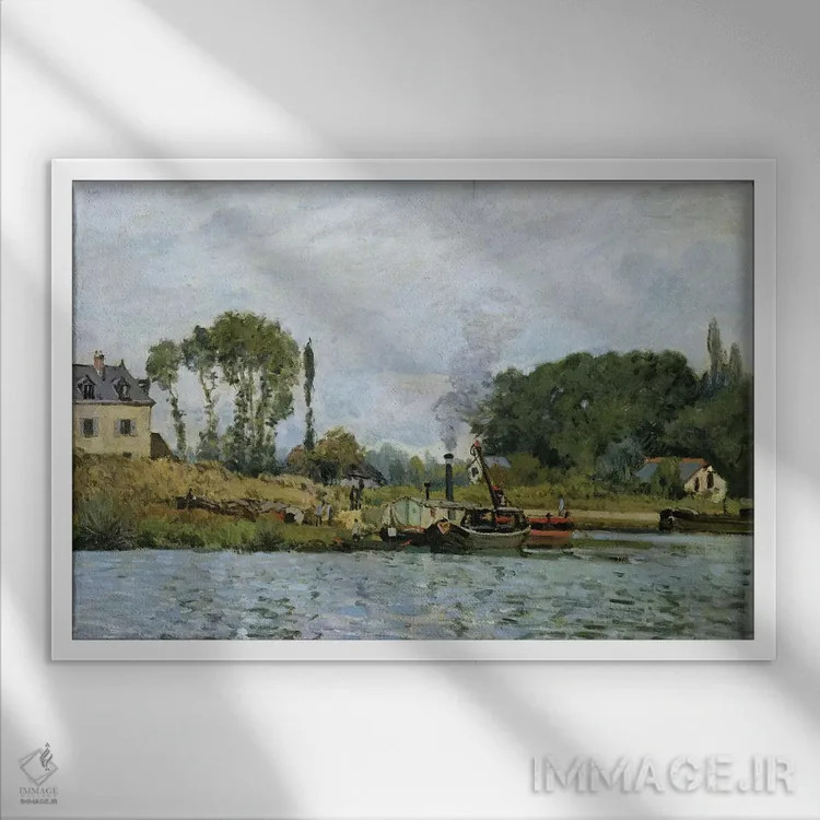 تابلو قایقها در بندرگاه بوژیووال، ۱۸۷۳ اثر آلفرد سیسلی (نقاش امپرسیونیست انگلیسی-فرانسوی) - نمای قابدار سفید
