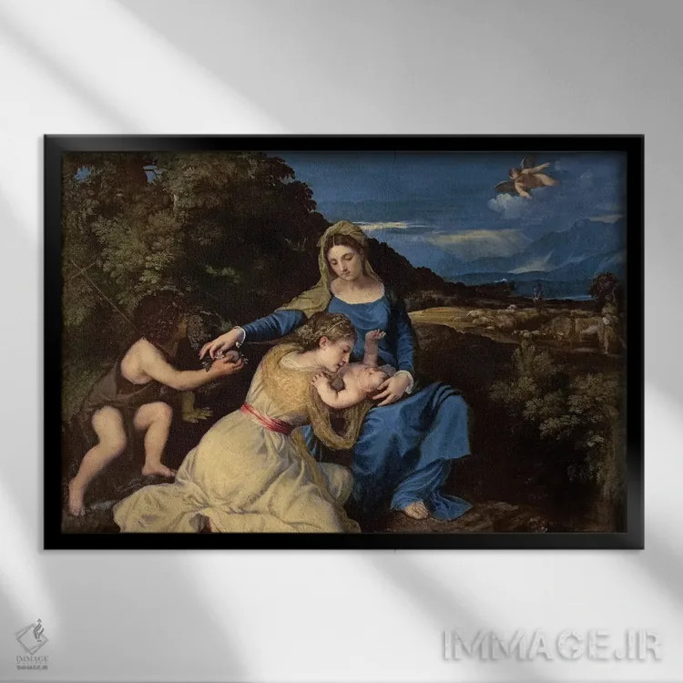 تابلو مریم مقدس و کودک با قدیسان، ۱۵۳۲ اثر تیتیان (نقاش ایتالیایی رنسانس) - نمای قابدار مشکی