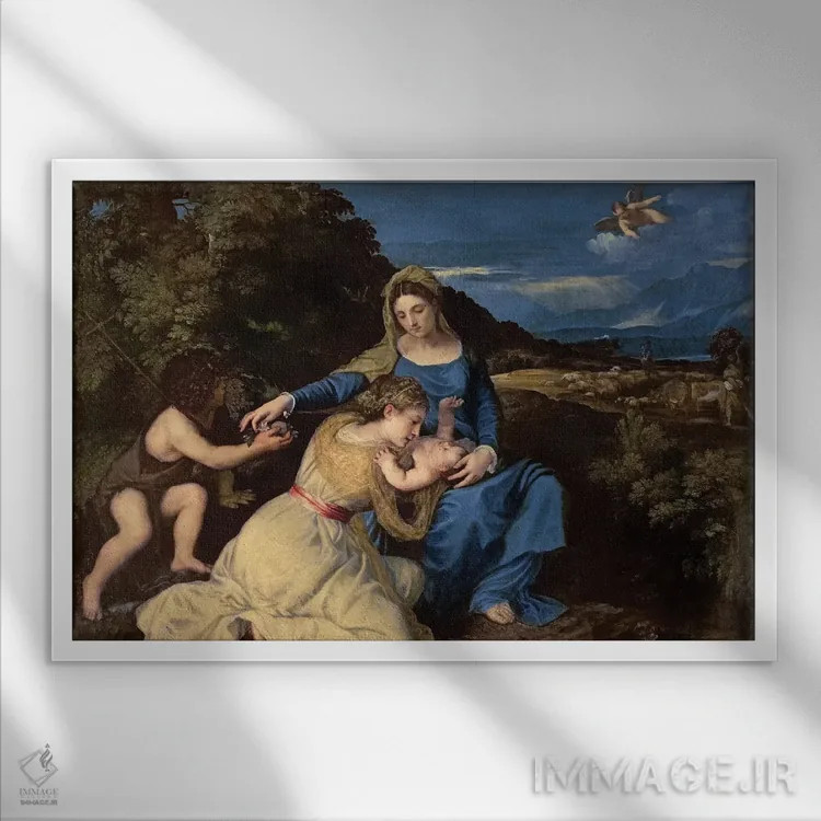 تابلو مریم مقدس و کودک با قدیسان، ۱۵۳۲ اثر تیتیان (نقاش ایتالیایی رنسانس) - نمای قابدار سفید