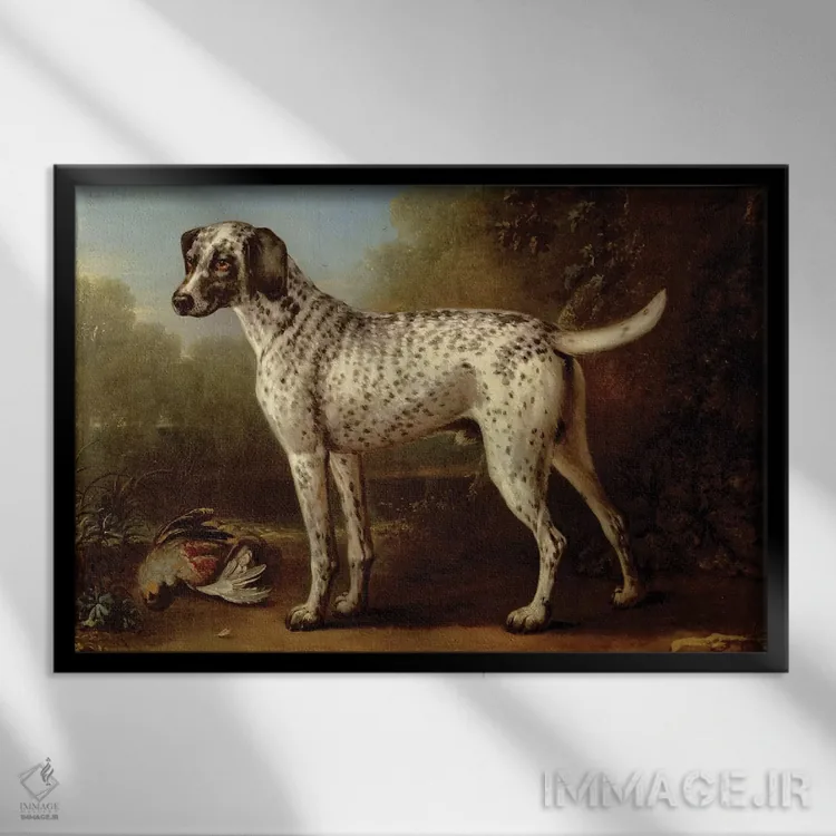 تابلو سگ شکاری خاکستری خالدار، ۱۷۳۸ اثر جان ووتون - نمای قابدار مشکی