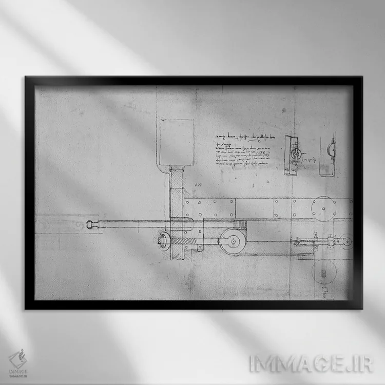 تابلو نمودار یک پیچ مکانیکی اثر لئوناردو داوینچی (نقاش و مخترع ایتالیایی) - نمای قابدار مشکی