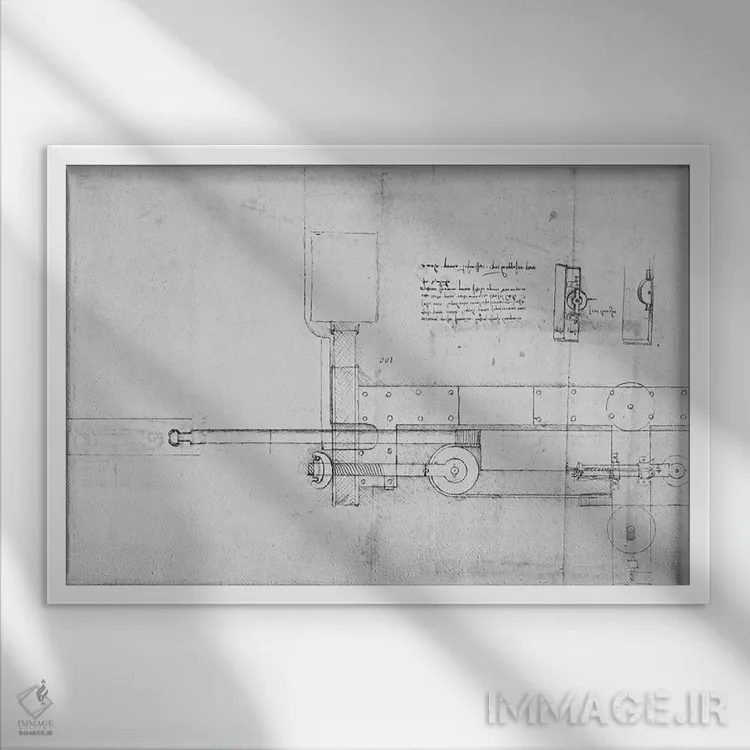تابلو نمودار یک پیچ مکانیکی اثر لئوناردو داوینچی (نقاش و مخترع ایتالیایی) - نمای قابدار سفید