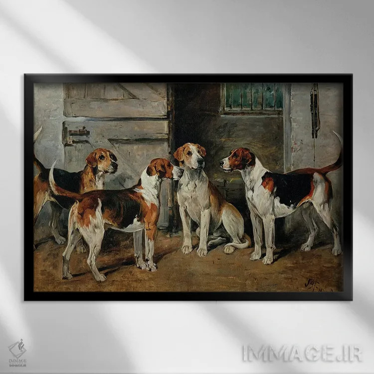 تابلو مطالعهٔ سگهای شکاری اثر جان امس - نمای قابدار مشکی