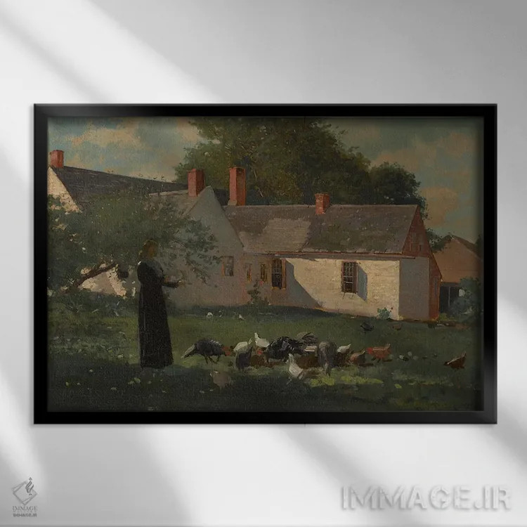 تابلو صحنهای از حیاط مزرعه، حدود ۱۸۷۴ اثر وینسلو هومر - نمای قابدار مشکی