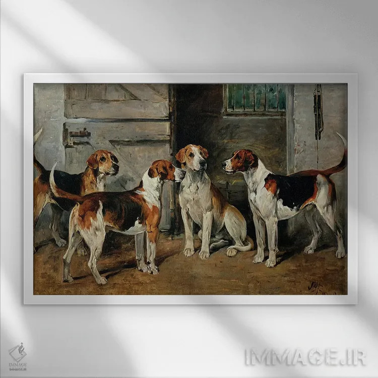 تابلو مطالعهٔ سگهای شکاری اثر جان امس - نمای قابدار سفید