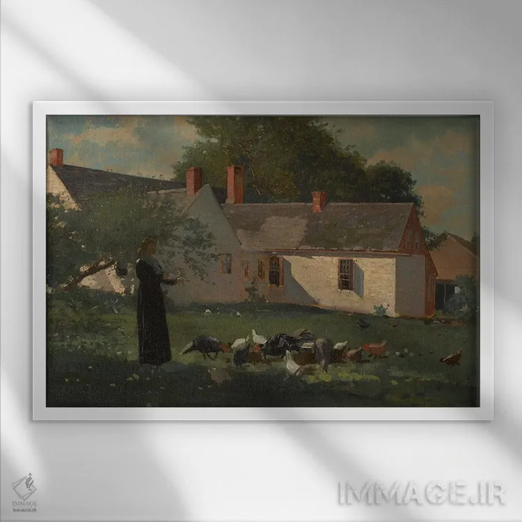 تابلو صحنهای از حیاط مزرعه، حدود ۱۸۷۴ اثر وینسلو هومر - نمای قابدار سفید