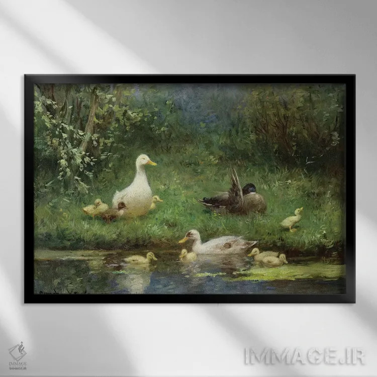 تابلو اردکها بر کرانهٔ رود اثر دیوید آدولف کنستانت آرتز - نمای قابدار مشکی