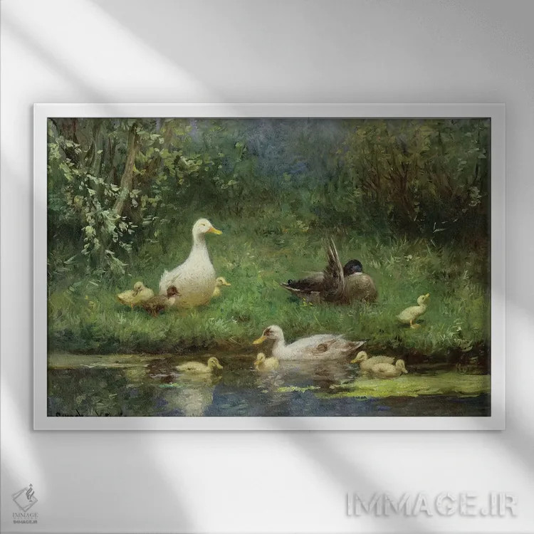 تابلو اردکها بر کرانهٔ رود اثر دیوید آدولف کنستانت آرتز - نمای قابدار سفید