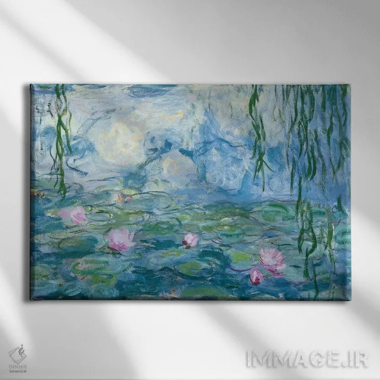 تابلو نیلوفرهای آبی، ۱۹۱۶-۱۹ اثر کلود مونه (نقاش معروف فرانسوی) - نمای روبهرو روی دیوار
