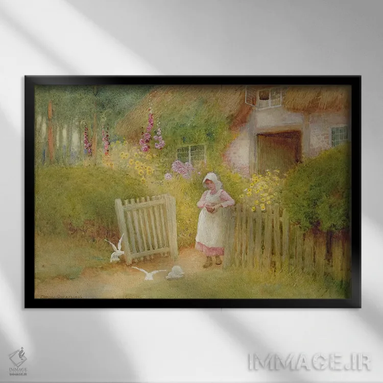 تابلو غذا دادن به کبوترها اثر آرتور کلود استراچان - نمای قابدار مشکی