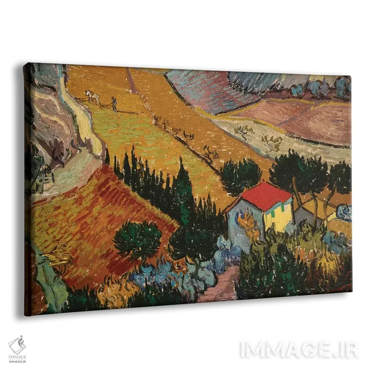 تابلو منظرهای با خانه و شخمزن، ۱۸۸۹ اثر ونسان ون گوگ (نقاش مشهور هلندی پستامپرسیونیسم) - نمای پرسپکتیو محصول