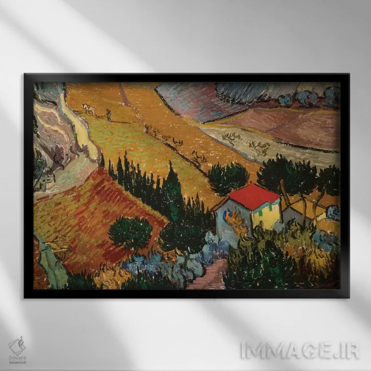 تابلو منظرهای با خانه و شخمزن، ۱۸۸۹ اثر ونسان ون گوگ (نقاش مشهور هلندی پستامپرسیونیسم) - نمای قابدار مشکی