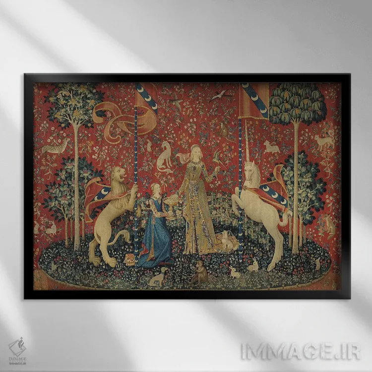 تابلو بانوی و تکشاخ: "چشایی" اثر مکتب فرانسوی (سبک یا جریان هنری) - نمای قابدار مشکی