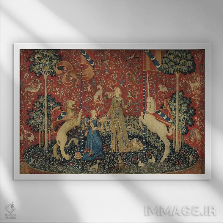 تابلو بانوی و تکشاخ: "چشایی" اثر مکتب فرانسوی (سبک یا جریان هنری) - نمای قابدار سفید