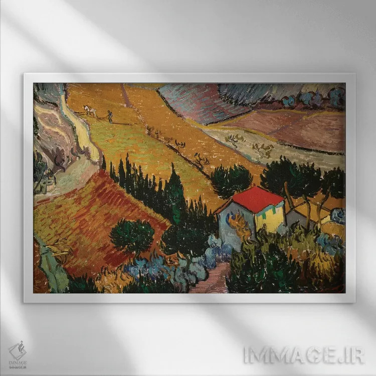 تابلو منظرهای با خانه و شخمزن، ۱۸۸۹ اثر ونسان ون گوگ (نقاش مشهور هلندی پستامپرسیونیسم) - نمای قابدار سفید