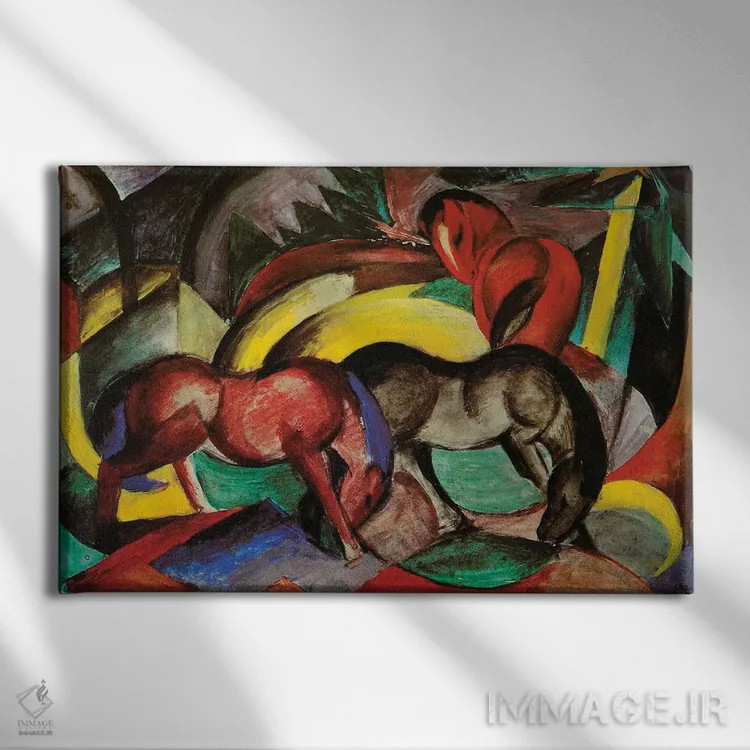 تابلو 1912,سه اسب، ۱۹۱۲ اثر فرانتس مارک (نقاش اکسپرسیونیست آلمانی) - نمای روبهرو روی دیوار