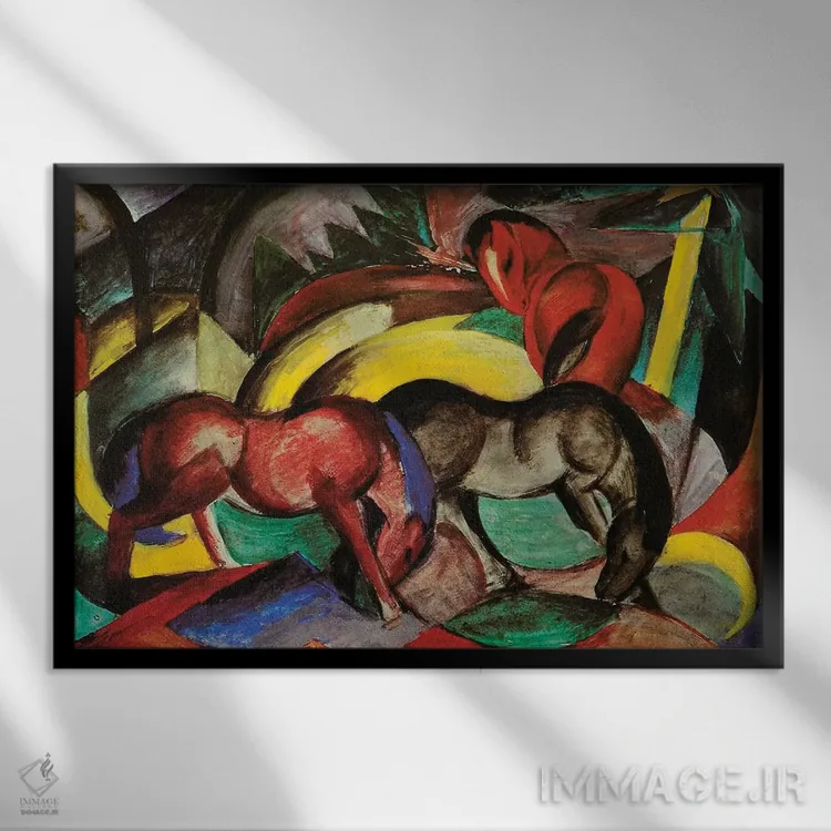 تابلو 1912,سه اسب، ۱۹۱۲ اثر فرانتس مارک (نقاش اکسپرسیونیست آلمانی) - نمای قابدار مشکی