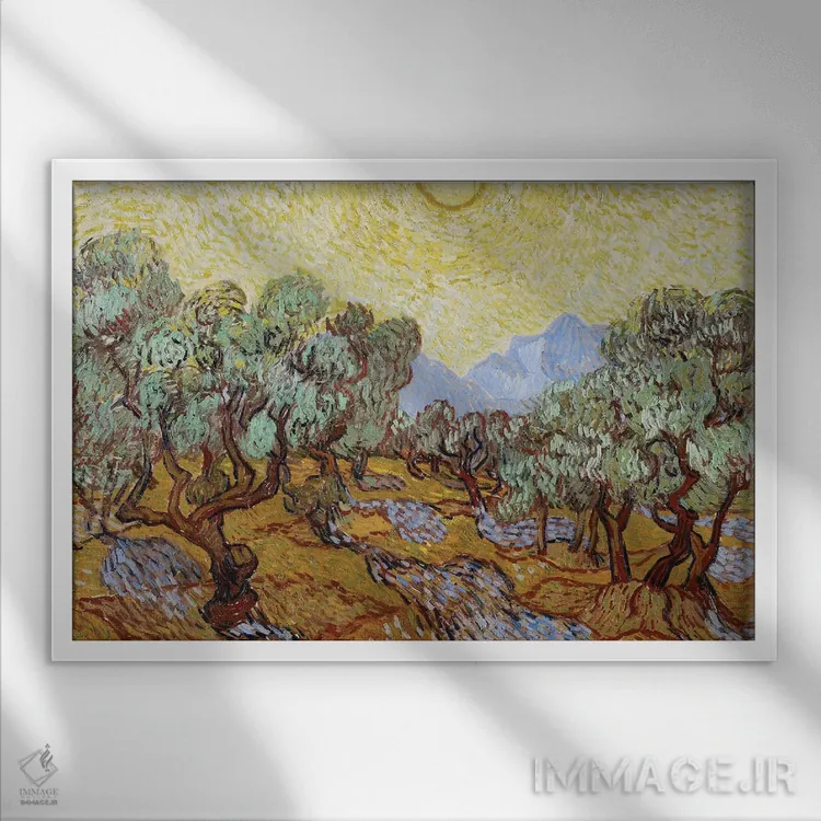 تابلو 1889,درختان زیتون، ۱۸۸۹ اثر ونسان ون گوگ (نقاش مشهور هلندی پستامپرسیونیسم) - نمای قابدار سفید