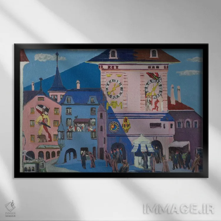 تابلو 1935,برن با برج ناقوس، ۱۹۳۵ اثر ارنست لودویگ کیرشنر (نقاش اکسپرسیونیست آلمانی) - نمای قابدار مشکی