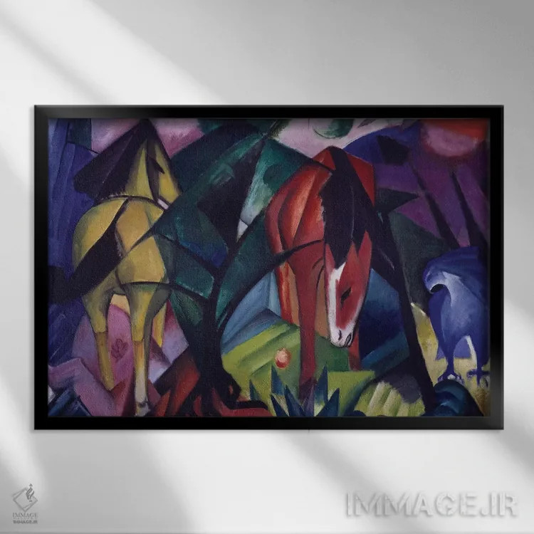 تابلو 1912, by Franz Marc,اسب و عقاب، ۱۹۱۲، اثر فرانتس مارک اثر هنرمند ناشناس - نمای قابدار مشکی