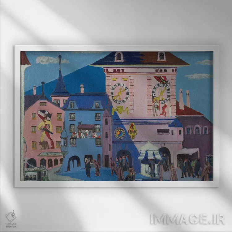 تابلو 1935,برن با برج ناقوس، ۱۹۳۵ اثر ارنست لودویگ کیرشنر (نقاش اکسپرسیونیست آلمانی) - نمای قابدار سفید