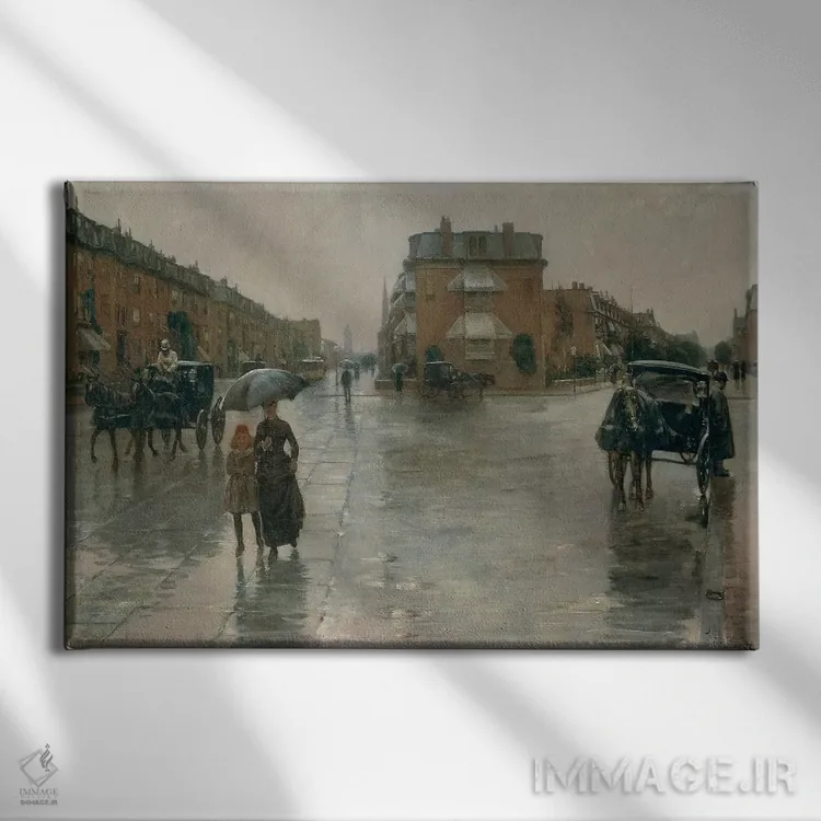 تابلو by Frederick Childe Hassam, 1885, oil on canvas,روز بارانی در بوستون، اثر فردریک چایلد هسام، ۱۸۸۵ اثر هنرمند ناشناس - نمای روبهرو روی دیوار