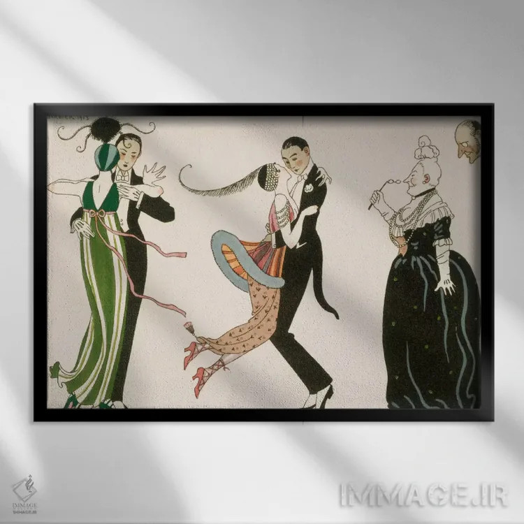 تابلو engraved by H. Reidel,جنون روز، حکاکی شده توسط اچ. ریدل اثر جورج باربیه (طراح و تصویرگر فرانسوی) - نمای قابدار مشکی