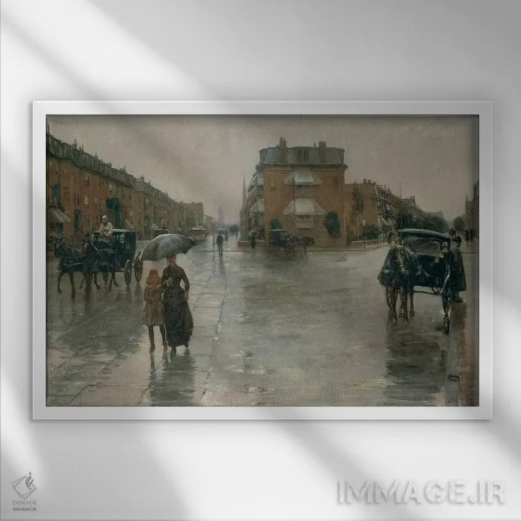تابلو by Frederick Childe Hassam, 1885, oil on canvas,روز بارانی در بوستون، اثر فردریک چایلد هسام، ۱۸۸۵ اثر هنرمند ناشناس - نمای قابدار سفید