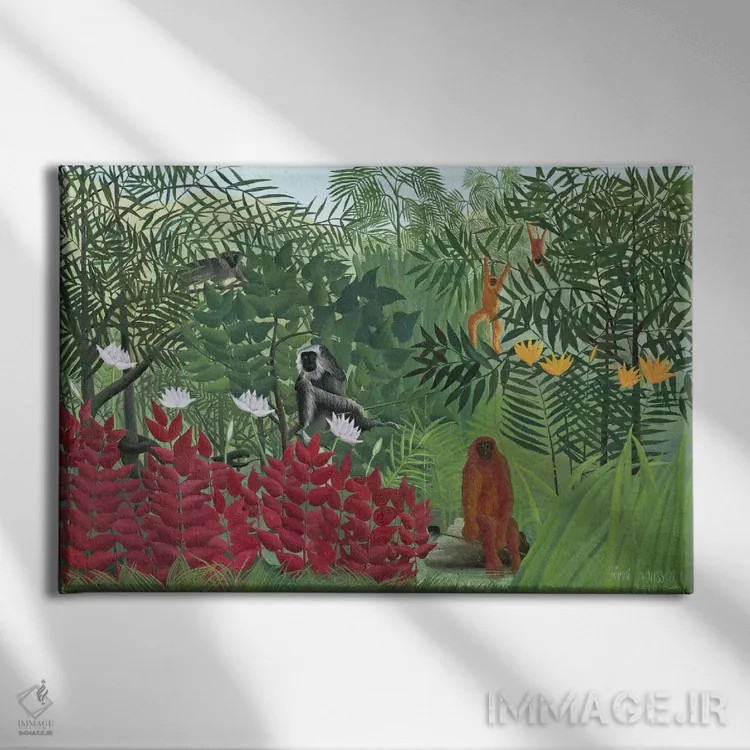 تابلو 1910,جنگل استوایی با میمونها، ۱۹۱۰ اثر آنری روسو - نمای روبهرو روی دیوار