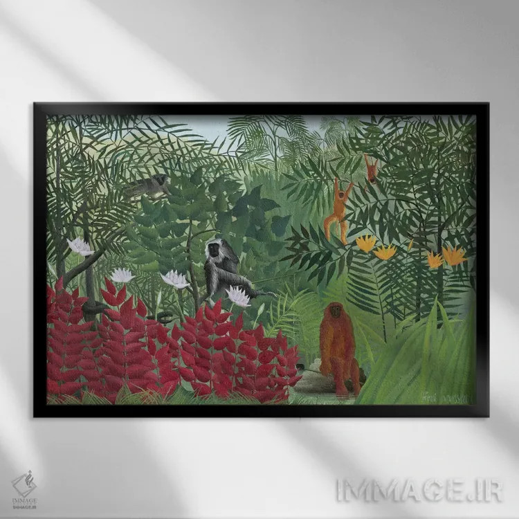 تابلو 1910,جنگل استوایی با میمونها، ۱۹۱۰ اثر آنری روسو - نمای قابدار مشکی