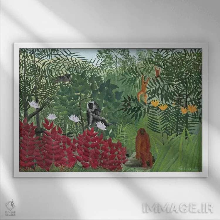 تابلو 1910,جنگل استوایی با میمونها، ۱۹۱۰ اثر آنری روسو - نمای قابدار سفید