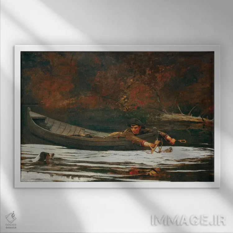 تابلو 1892,سگ شکاری و شکارچی، ۱۸۹۲ اثر وینسلو هومر - نمای قابدار سفید